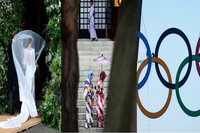 Vestminster gersogining to'yi, Tokiodagi an'anaviy yapon kimonolaridagi sayyohlar, Eyfel minorasidagi Olimpiya halqalari. Kun suratlari