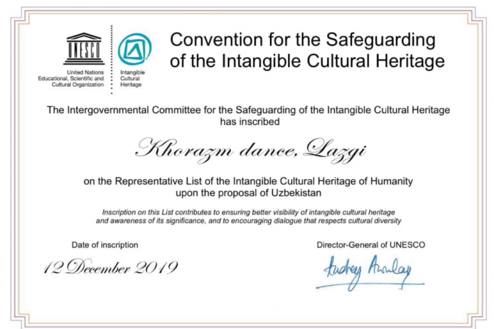 Сертификат о включении танца «Лазги» в Список нематериального культурного наследия будет храниться в музее Хорезмской области