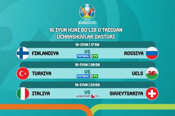 Евро-2020 на UZREPORT TV. 16 июня пройдут три матча: Финляндия – Россия, Турция – Уэльс и Италия – Швейцария