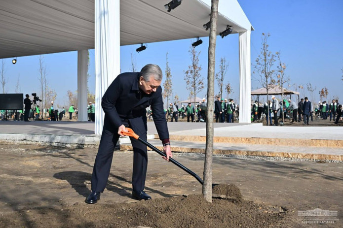 Shavkat Mirziyoyev “Yashil makon” umummilliy loyihasi doirasida barpo etilayotgan yangi bog‘ga ko‘chat ekdi