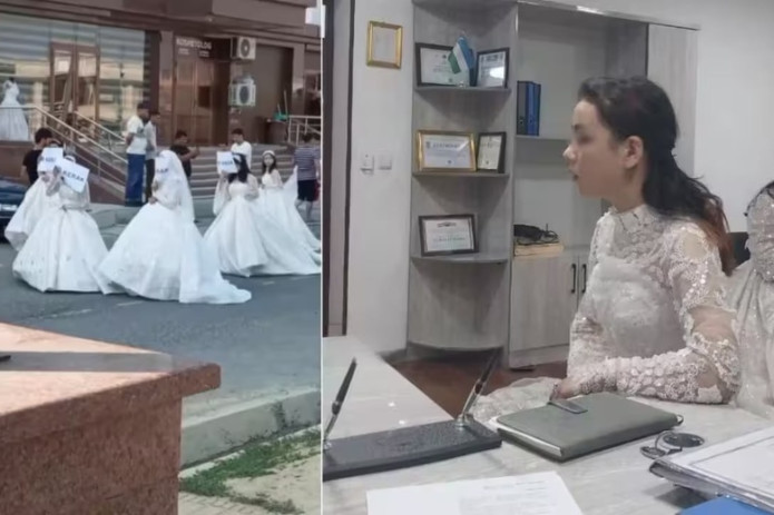 Jizzaxda bir guruh qizlar “Er kerak” yozuvini ko‘tarib kelin ko‘ylaklarda ko‘chada yurdi