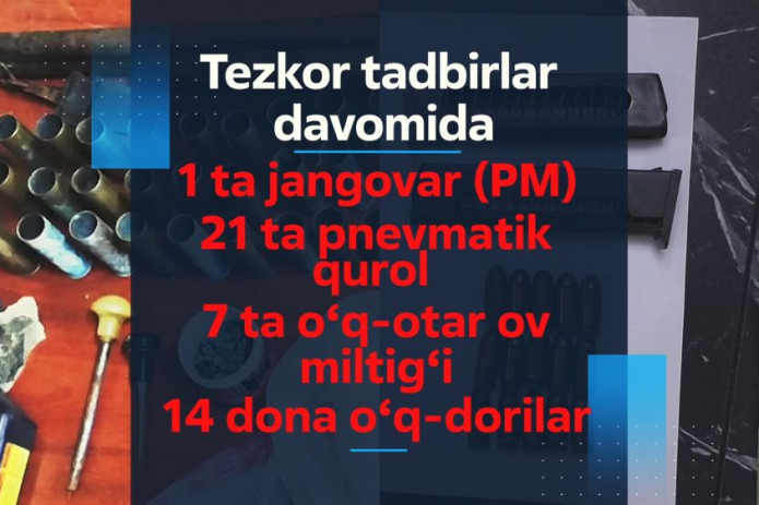 Toshkentda o‘tkazilgan tezkor tadbirlarda 1 ta jangovar va 21 ta pnevmatik qurol muomaladan olindi